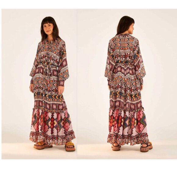 Farm Rio Amulet Maxi Dress Womens M Pink Boho Southwestern Rodeo Hippie Resort